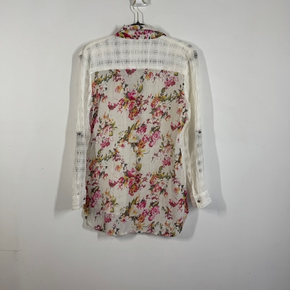 Aratta Silent Journey Button Down Sheer Plaid & Floral Blouse White Pink - Picture 5 of 13